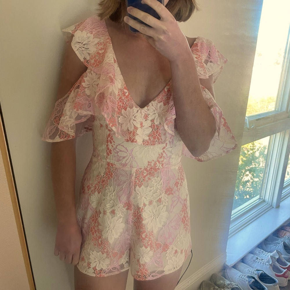 Lovers and Friends Size XS Romper White Lace with Floral Detail.